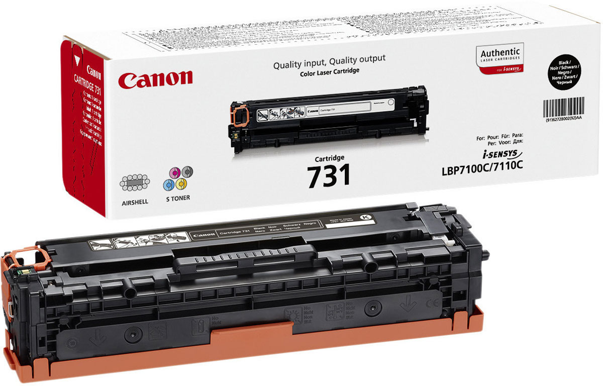 Canon 731, Black картридж для LBP7100Cn/7110Cw6272B002 Canon 731, Black картридж для LBP7100Cn/7110Cw6272B002Получайте красивые монохромные отпечатки без полос с помощью картриджа 731 Bk, который идеально подходит для принтера Canon i-SENSYS LBP7110Cw и рассчитан приблизительно на 1400 страниц.