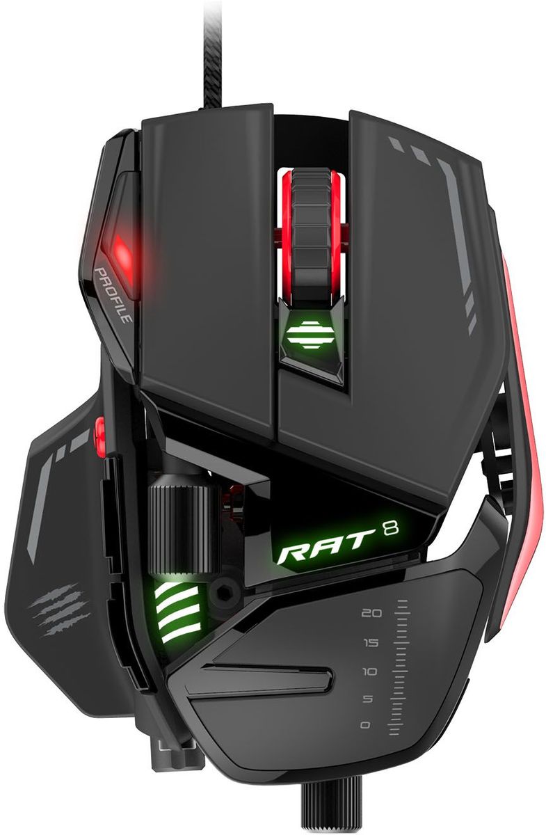 Mad Catz R.A.T. 8, Black Red игровая мышьPCAmc69 Mad Catz R.A.T. 8, Black Red игровая мышьPCAmc69Игровая мышь Mad Catz R.A.T. 8 специально разработана с применением современных материалов, дабы полностью соответствовать всем требованиям самых искушенных геймеров. Точность и надежность для любого вида игры. Прочность, которая не подведет Вся линейка RAT является особенно прочной, в ней используются материалы и детали, которые отвечают запросам пользователей. В основании RAT 8 супер-легкие шасси, а позиция сенсора точно выверена, что дает идеальный баланс для игры на вашей поверхности. Это также дает возможность крепкой основы для всех остальных модулей. Сверхнадежные переключатели OMRON, ведущие в индустрии, выдерживают 50 миллионов нажатий. Это обеспечивает высокий уровень действий в минуту (APM - Actions Per Minute), и геймер не пропустит ни одной атаки. Динамическая эргономика мыши позволит настроить мышь к вашему стилю игры Все игры разные. Мыши RAT сделаны с такой точностью, что основные части устройства можно...