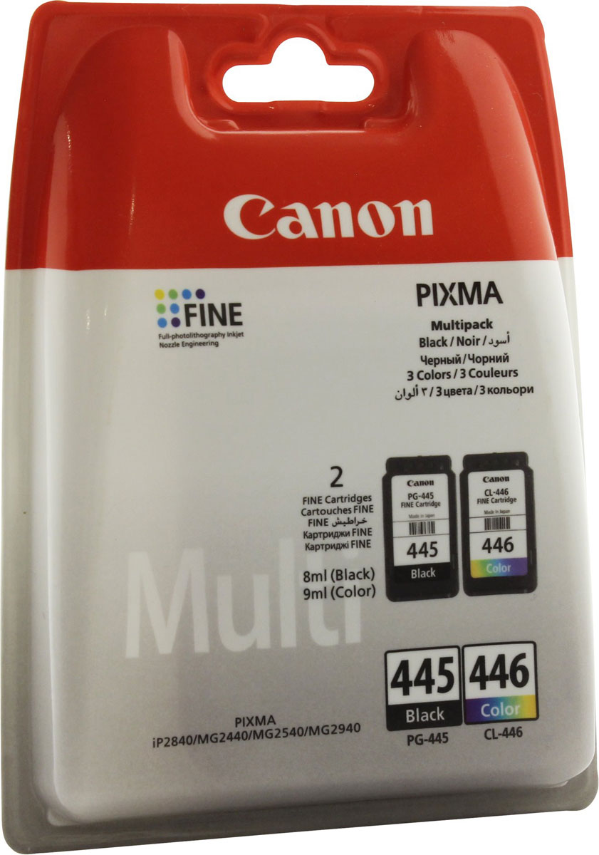 Canon PG-445/CL-446, Black комплект картриджей для MG2440/25408283B004 Canon PG-445/CL-446, Black комплект картриджей для MG2440/25408283B004Комплект картриджей Canon PG-445/CL-446 содержит черные, голубые, желтые и пурпурные чернила на основе красителей, которые используются для печати документов на обычной бумаге и обеспечивают четкость текста и долговечность печатных изображений.