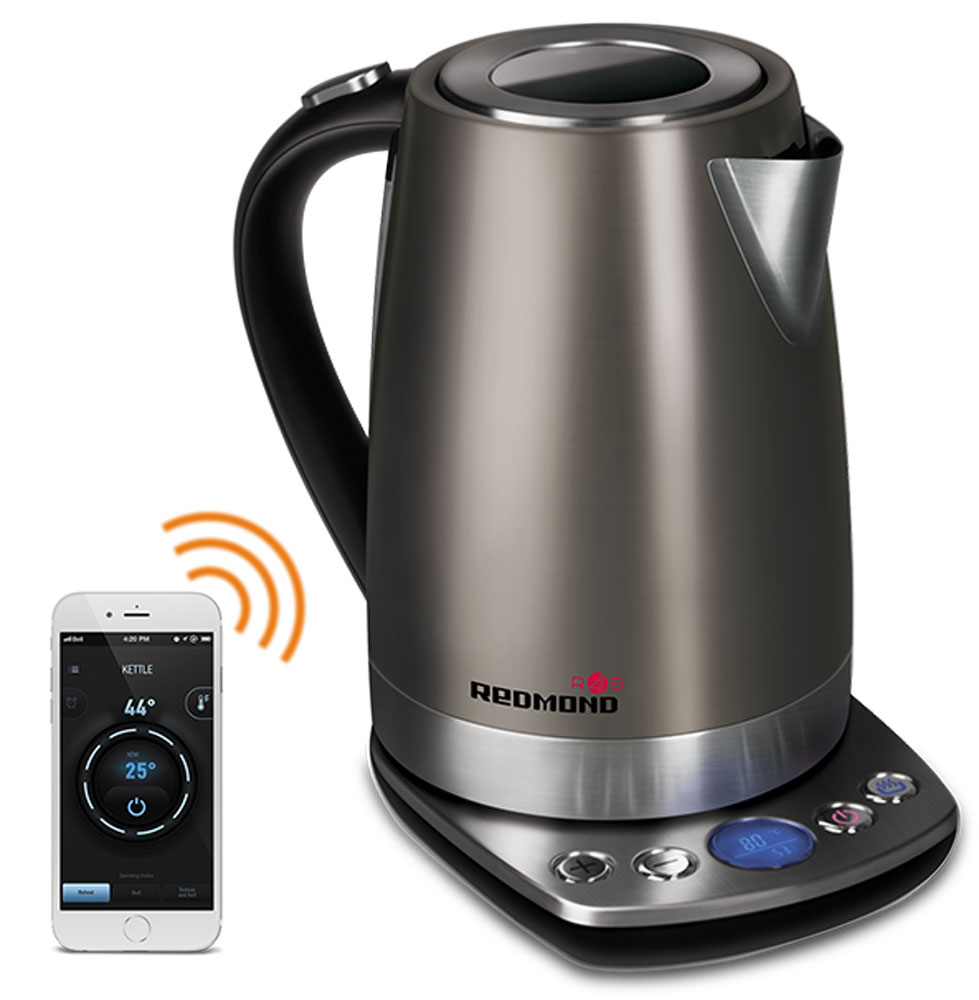 Redmond SkyKettle M173S-E умный электрический чайникRK-M173S-E Redmond SkyKettle M173S-E умный электрический чайникRK-M173S-EУмный чайник SkyKettle M173S-E – новая модель бренда в линейке Умного дома Redmond. Смарт-чайник оснащен технологией дистанционного управления, позволяющей контролировать его работу из любой точки мира. Через удобное мобильное приложение Ready For Sky с любого расстояния можно выбрать один из режимов работы чайника SkyKettle: кипячение, подогрев (до 2 часов), кипячение и подогрев; задать температуру подогрева в диапазоне от 40 до 90°С; узнать текущую температуру воды в SkyKettle. Также в приложении доступен мелодичный будильник. После срабатывания будильника можно мгновенно запустить кипячение воды. Утро пройдет бодрее с чашкой горячего чая! Обращение с умным электрочайником максимально безопасно: SkyKettle оснащен функцией автоотключения (при закипании, отсутствии воды, снятии с подставки), а его ненагревающаяся ручка исключает возможность обжечься! Корпус из высококачественной и экологичной нержавеющей стали выгодно отличает...
