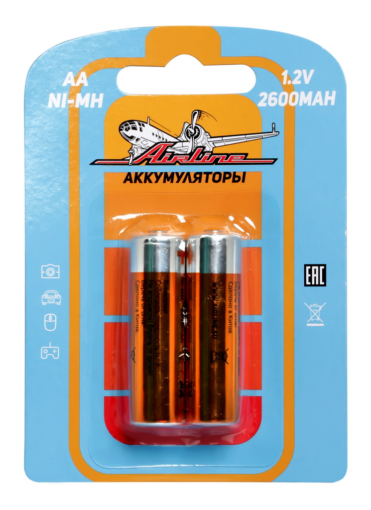 Батарейки Airline, AA HR6 аккумулятор Ni-Mh 2600 mAh, 2 штAA-26-02 Батарейки Airline, AA HR6 аккумулятор Ni-Mh 2600 mAh, 2 штAA-26-02Никель-металл-гидридные (NiMH) аккумуляторы популярных типоразмеров ААА и АА в блистерах по 2 штуки.