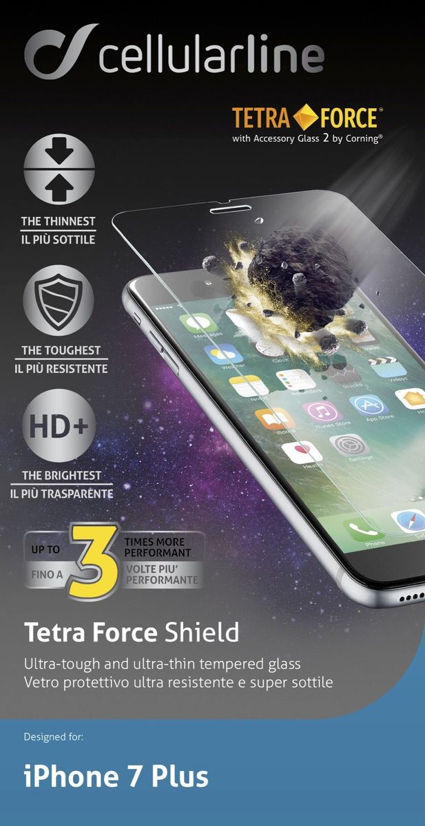 Cellular Line защитное стекло для iPhone 7 Plus ультрапрочноеTETRAGLASSIPH755 Cellular Line защитное стекло для iPhone 7 Plus ультрапрочноеTETRAGLASSIPH755Ультрапрочное защитное стекло Cellular Line для iPhone 7 Plus обеспечивает надежную защиту сенсорного экрана устройства от большинства механических повреждений и сохраняет первоначальный вид дисплея, его цветопередачу и управляемость. В случае падения стекло амортизирует удар, позволяя сохранить экран целым и избежать дорогостоящего ремонта. Стекло обладает особой структурой, которая держится на экране без клея и сохраняет его чистым после удаления. Силиконовый слой предотвращает разлет осколков при ударе.