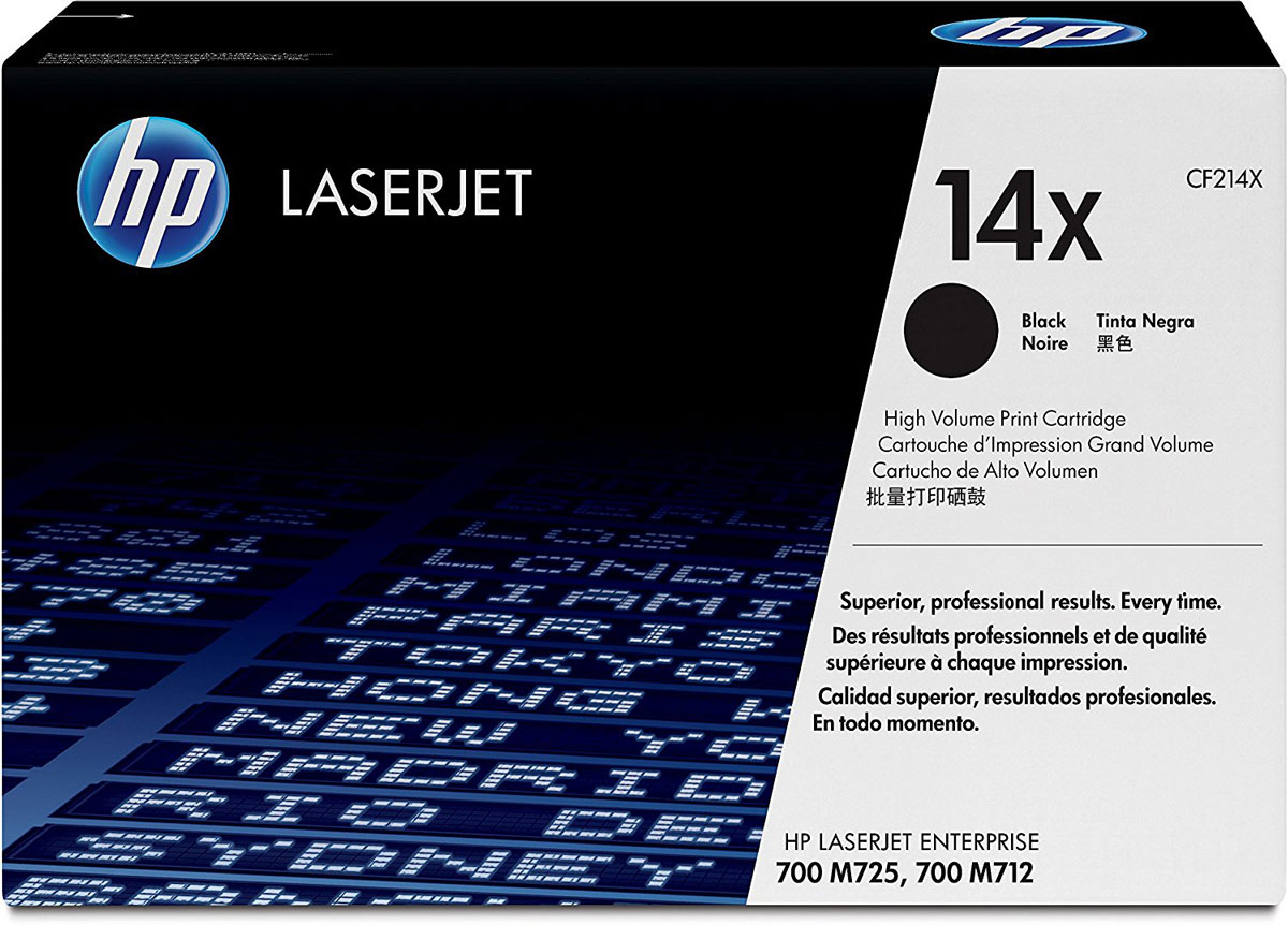 HP CF214X (14X), Black картридж для LaserJet Enterprise M725dn/M725f/M725z/M725z+/M712dn/M712xhCF214X HP CF214X (14X), Black картридж для LaserJet Enterprise M725dn/M725f/M725z/M725z+/M712dn/M712xhCF214XЛазерный картридж HP CF214X обеспечивает профессиональное качество печатных документов. Быстрая печать без потери качества, а также экономия электроэнергии. Оптимальное качество работы оригинальных лазерных картриджей HP достигается при их использовании с принтерами HP. Используйте оригинальные лазерные картриджи HP LaserJet для повышения производительности. Улучшенный тонер HP быстро закрепляется на бумаге, что обеспечивает быструю печать высокого качества. Картриджи высокой емкости позволяют быстро и просто выполнять установку и экономить деньги.