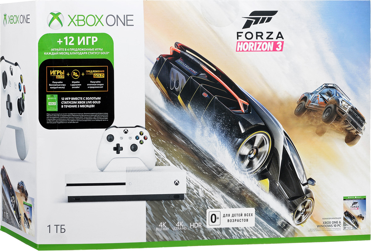 Игровая приставка Xbox One S 1 ТБ + Forza Horizon 3234-00115-1 Игровая приставка Xbox One S 1 ТБ + Forza Horizon 3234-00115-1Игровая приставка Xbox One S - единственная консоль с 4K-плеером Blu-Ray, потоковым видео с разрешением 4K и функцией расширенного динамического диапазона (HDR). Играйте в лучшую линейку игр, включая классические игры с Xbox 360, на консоли, которая компактнее на 40%. Не обманывайтесь ее размером, благодаря встроенному блоку питания и жесткому диску емкостью до 1 ТБ консоль Xbox One S - самая продвинутая из всех Xbox на сегодняшний день! Наслаждайтесь более насыщенными и яркими цветами в таких играх, как Gears of War 4 и Forza Horizon 3. Технология расширенного динамического диапазона повышает контраст между светлыми и темными участками изображения, представляя игры во всем их великолепии! Разрешение 4K Ultra HD в четыре раза превышает стандартное разрешение HD, обеспечивая максимально четкое и реалистичное отображение. Смотрите потоковое видео в формате 4k из Netflix и Amazon Video, а также фильмы на дисках Ultra HD Blu-ray, с восхитительным...