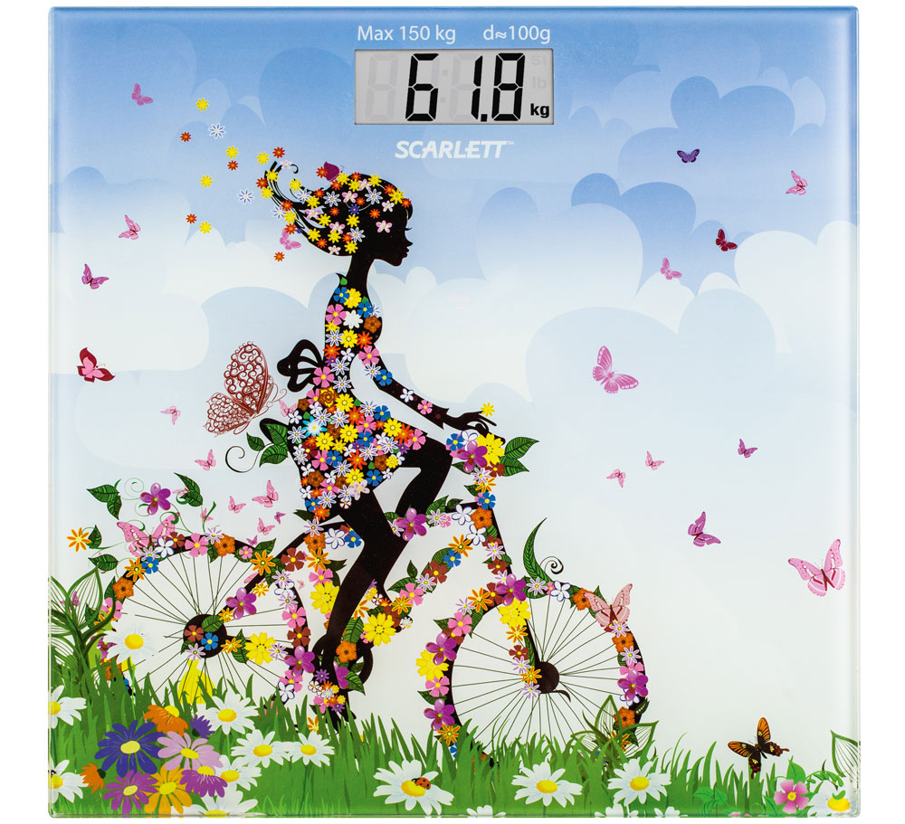 Scarlett SC-BS33E070, Girl on Bike весы напольныеSC-BS33E070 Scarlett SC-BS33E070, Girl on Bike весы напольныеSC-BS33E070Напольные весы Scarlett SC-BS33E070 имеют уникальный дизайн стеклянной платформы. Это простой и удобный способ контролировать свой вес. Максимальная нагрузка на данную модель может составлять 150 кг. При перегрузе загорится предупреждающий сигнал. Также специальная индикация сообщит пользователям о необходимости замены элемента питания. Чтобы весы начали работать, достаточно просто встать на них. После взвешивания прибор отключится самостоятельно. Высокочувствительные датчики Индикатор перегрузки Индикатор батарейки Цифровой жидкокристаллический дисплей Прорезиненные ножки