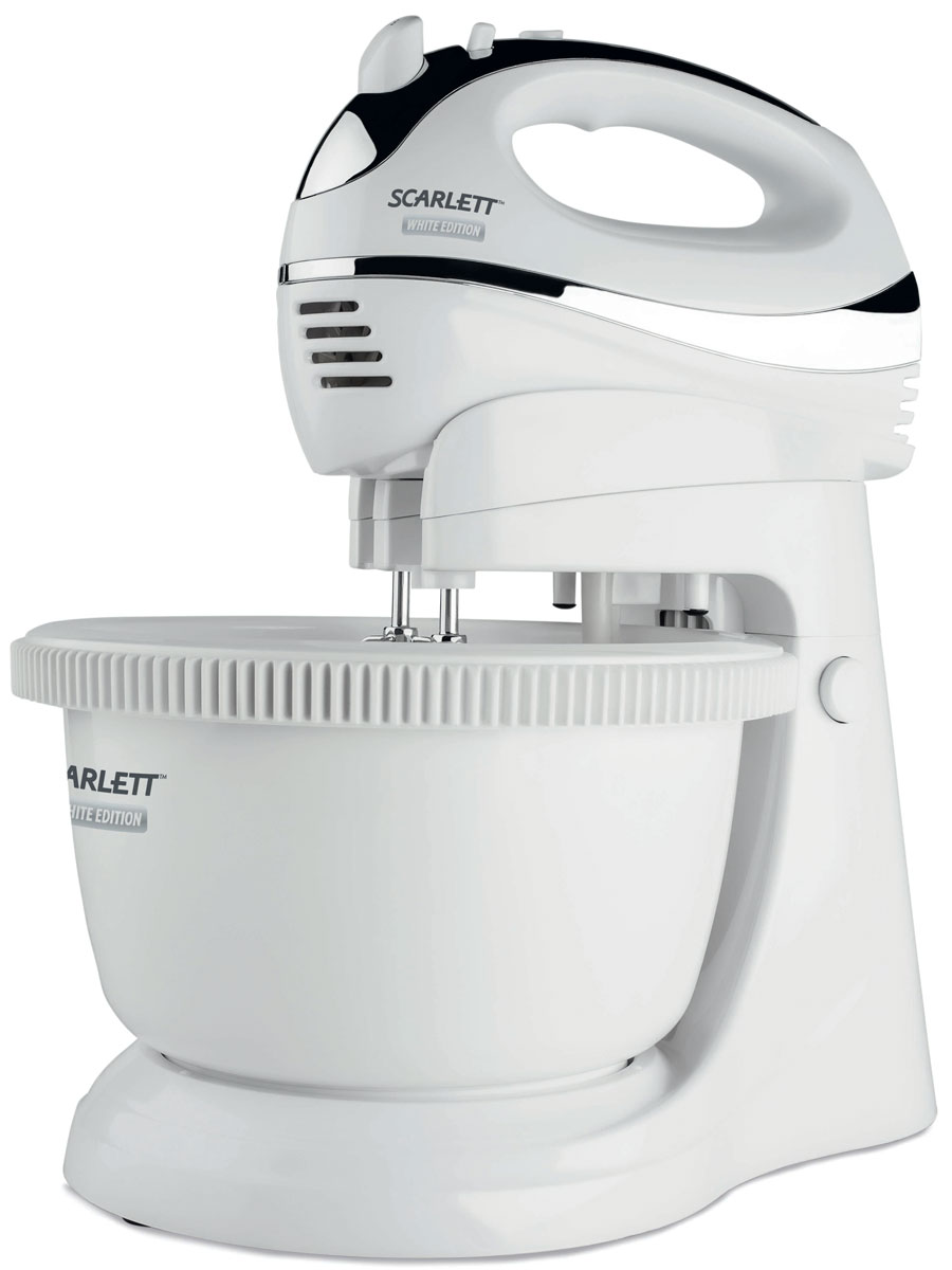 Scarlett SC-HM40B01, White миксерSC-HM40B01 Scarlett SC-HM40B01, White миксерSC-HM40B01Практичный и удобный стационарный миксер Scarlett SC-HM40B01 возьмет на себя наиболее трудоемкую часть кухонной работы и превратит приготовление пищи в приятное занятие. Пять различных скоростных режимов, предусмотренных в этом миксере, помогут подобрать оптимальный подход к каждому продукту. С помощью крюков для теста, изготовленных из прочной нержавеющей стали, вы сможете смешать однородное тесто для блинов или бисквита. Насадки для взбивания предназначены для приготовления крема для торта, пышного мусса, взбивания яиц и сливок. Все насадки легко меняются с помощью специальной кнопки.