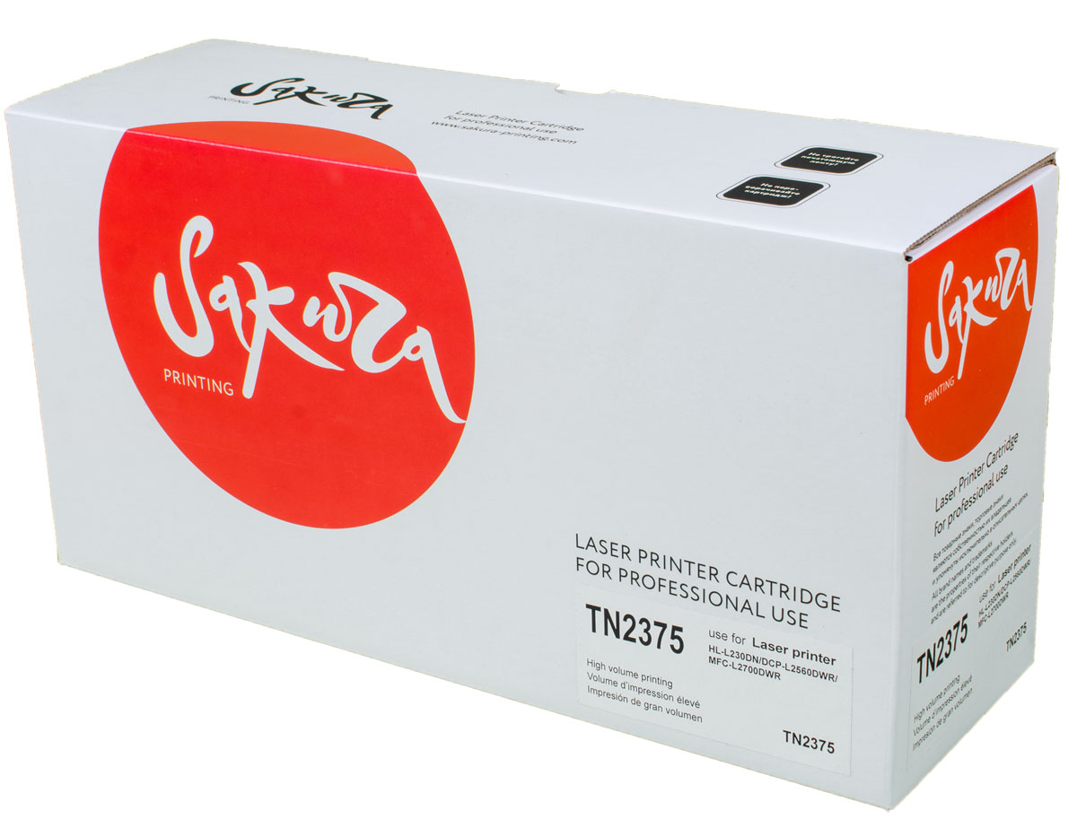 Sakura TN2375, Black тонер-картридж для Brother HL-L230DN/DCP-L2560DWR/MFC-L2700DWRSATN2375 Sakura TN2375, Black тонер-картридж для Brother HL-L230DN/DCP-L2560DWR/MFC-L2700DWRSATN2375Тонер-картридж Sakura TN2375 для лазерных принтеров Brother HL-L230DN/DCP-L2560DWR/MFC-L2700DWR является альтернативным решением для замены оригинальных картриджей. Он печатает с тем же качеством и имеет тот же ресурс, что и оригинальный картридж. В картриджах компании Sakura используется химический синтезированный тонер, который в отличие от дешевого тонера из перемолотого полимера, не царапает, а смазывает печатающий вал, что приводит к возможности многократных перезаправок картриджей. Такой подход гарантирует долгий срок службы принтера, превосходное качество и стабильность печати. Тонер-картриджи Sakura производятся при строгом соответствии стандартам ISO 9001 и ISO 14001, что подтверждено международными сертификатами.