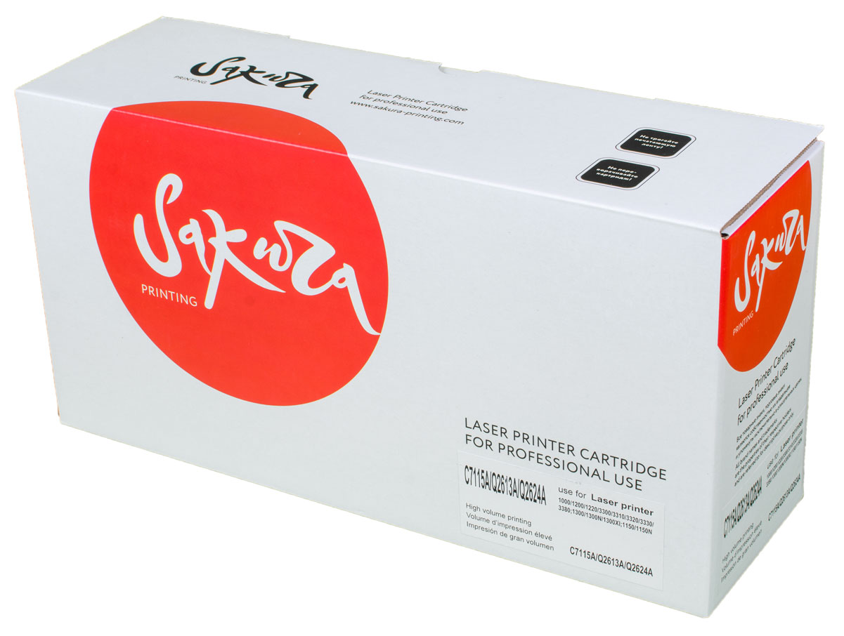 Sakura C7115A/Q2613A/2624A, Black тонер-картридж для HP LaserJet 1000/1200/3300/1300/1150SAC7115A/Q2613A/2624A Sakura C7115A/Q2613A/2624A, Black тонер-картридж для HP LaserJet 1000/1200/3300/1300/1150SAC7115A/Q2613A/2624AТонер-картридж Sakura C7115A/Q2613A/2624A для лазерных принтеров HP LaserJet 1000/1200/3300/1300/1150 является альтернативным решением для замены оригинальных картриджей. Он печатает с тем же качеством и имеет тот же ресурс, что и оригинальный картридж. В картриджах компании Sakura используется химический синтезированный тонер, который в отличие от дешевого тонера из перемолотого полимера, не царапает, а смазывает печатающий вал, что приводит к возможности многократных перезаправок картриджей. Такой подход гарантирует долгий срок службы принтера, превосходное качество и стабильность печати. Тонер-картриджи Sakura производятся при строгом соответствии стандартам ISO 9001 и ISO 14001, что подтверждено международными сертификатами.