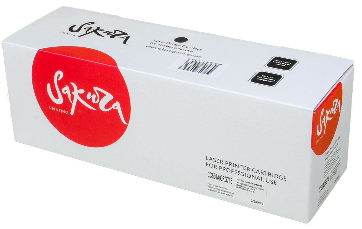 Sakura CC530A/CRG718K, Black тонер-картридж для HP Color LaserJet CP2020/2025/CM2320/Canon i-SENSYS LBP7200SACC530A/CRG718K Sakura CC530A/CRG718K, Black тонер-картридж для HP Color LaserJet CP2020/2025/CM2320/Canon i-SENSYS LBP7200SACC530A/CRG718KТонер-картридж Sakura CC530A/CRG718K для лазерных принтеров HP Color LaserJet CP2020/2025/CM2320/ и Canon i-SENSYS LBP7200 является альтернативным решением для замены оригинальных картриджей. Он печатает с тем же качеством и имеет тот же ресурс, что и оригинальный картридж. В картриджах компании Sakura используется химический синтезированный тонер, который в отличие от дешевого тонера из перемолотого полимера, не царапает, а смазывает печатающий вал, что приводит к возможности многократных перезаправок картриджей. Такой подход гарантирует долгий срок службы принтера, превосходное качество и стабильность печати. Тонер-картриджи Sakura производятся при строгом соответствии стандартам ISO 9001 и ISO 14001, что подтверждено международными сертификатами.