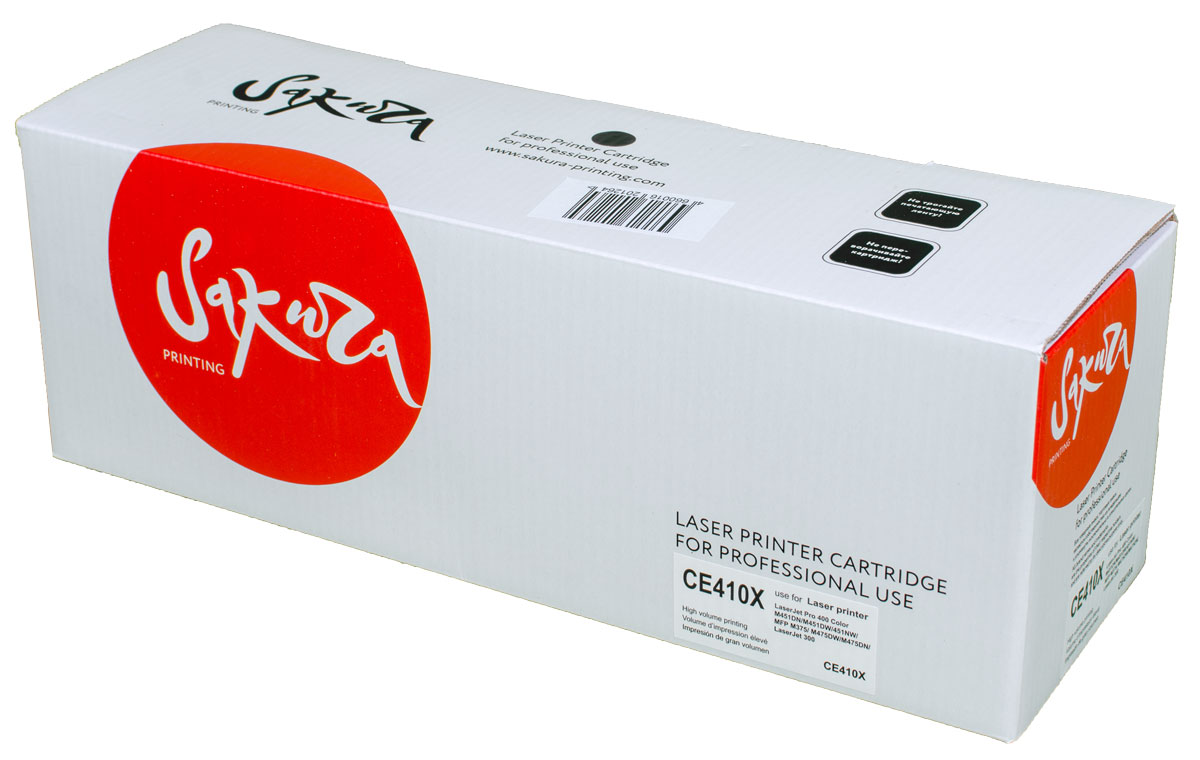 Sakura CE410X, Black тонер-картридж для HP LaserJet Pro Color M351/M375nw/M451dn/M451nw/M451dw/M475dw/M475dnSACE410X Sakura CE410X, Black тонер-картридж для HP LaserJet Pro Color M351/M375nw/M451dn/M451nw/M451dw/M475dw/M475dnSACE410XТонер-картридж Sakura CE410X для лазерных принтеров HP LaserJet Pro Color M351/M375nw/M451dn/M451nw/M451dw/M475dw/M475dn является альтернативным решением для замены оригинальных картриджей. Он печатает с тем же качеством и имеет тот же ресурс, что и оригинальный картридж. В картриджах компании Sakura используется химический синтезированный тонер, который в отличие от дешевого тонера из перемолотого полимера, не царапает, а смазывает печатающий вал, что приводит к возможности многократных перезаправок картриджей. Такой подход гарантирует долгий срок службы принтера, превосходное качество и стабильность печати.Тонер-картриджи Sakura производятся при строгом соответствии стандартам ISO 9001 и ISO 14001, что подтверждено международными сертификатами.