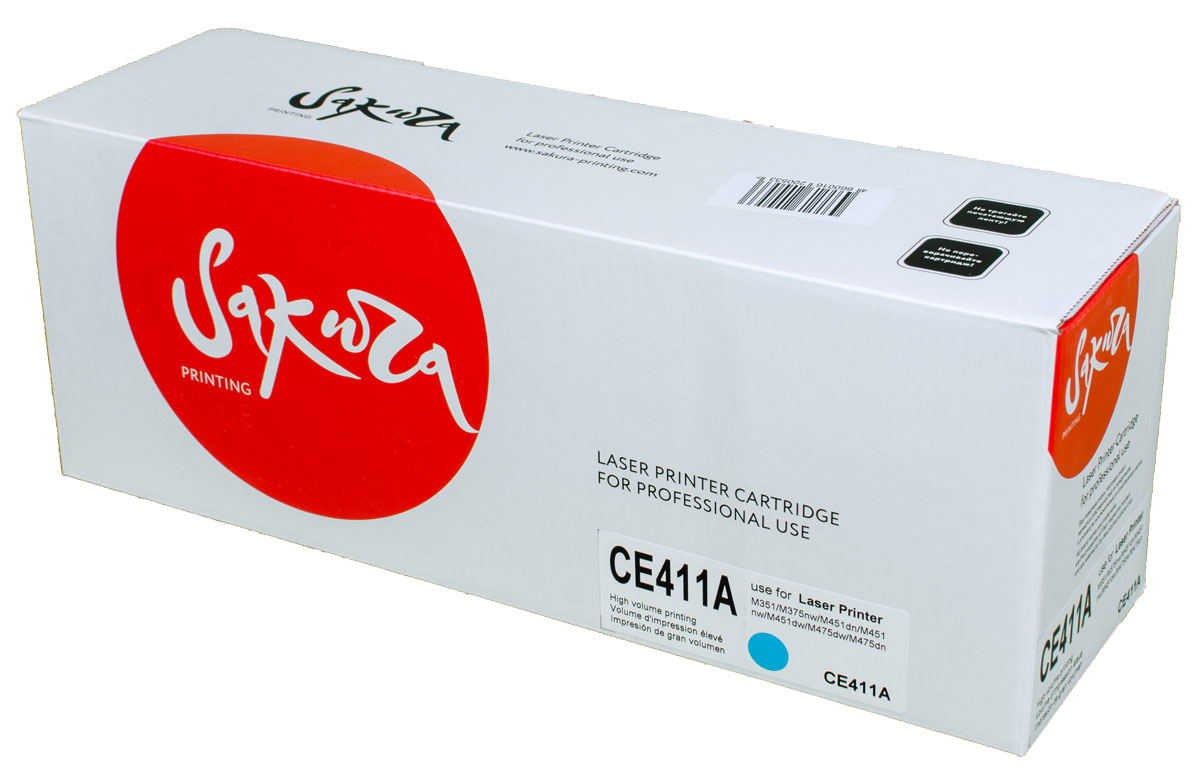 Sakura CE411A, Cyan тонер-картридж для HP LaserJet Pro Color M351/M375nw/M451dn/M451nw/M451dw/M475dw/M475dnSACE411A Sakura CE411A, Cyan тонер-картридж для HP LaserJet Pro Color M351/M375nw/M451dn/M451nw/M451dw/M475dw/M475dnSACE411AТонер-картридж Sakura CE411A для лазерных принтеров HP LaserJet Pro Color M351/M375nw/M451dn/M451nw/M451dw/M475dw/M475dn является альтернативным решением для замены оригинальных картриджей. Он печатает с тем же качеством и имеет тот же ресурс, что и оригинальный картридж. В картриджах компании Sakura используется химический синтезированный тонер, который в отличие от дешевого тонера из перемолотого полимера, не царапает, а смазывает печатающий вал, что приводит к возможности многократных перезаправок картриджей. Такой подход гарантирует долгий срок службы принтера, превосходное качество и стабильность печати. Тонер-картриджи Sakura производятся при строгом соответствии стандартам ISO 9001 и ISO 14001, что подтверждено международными сертификатами.