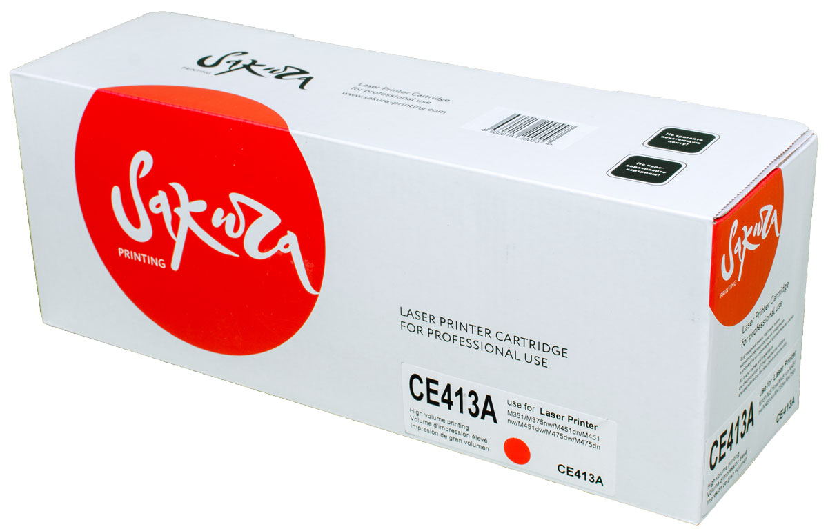 Sakura CE413A, Magenta тонер-картридж для HP LaserJet Pro Color M351/M375nw/M451dn/M451nw/M451dw/M475dw/M475dnSACE413A Sakura CE413A, Magenta тонер-картридж для HP LaserJet Pro Color M351/M375nw/M451dn/M451nw/M451dw/M475dw/M475dnSACE413AТонер-картридж Sakura CE413A для лазерных принтеров HP LaserJet Pro Color M351/M375nw/M451dn/M451nw/M451dw/M475dw/M475dn является альтернативным решением для замены оригинальных картриджей. Он печатает с тем же качеством и имеет тот же ресурс, что и оригинальный картридж. В картриджах компании Sakura используется химический синтезированный тонер, который в отличие от дешевого тонера из перемолотого полимера, не царапает, а смазывает печатающий вал, что приводит к возможности многократных перезаправок картриджей. Такой подход гарантирует долгий срок службы принтера, превосходное качество и стабильность печати.Тонер-картриджи Sakura производятся при строгом соответствии стандартам ISO 9001 и ISO 14001, что подтверждено международными сертификатами.
