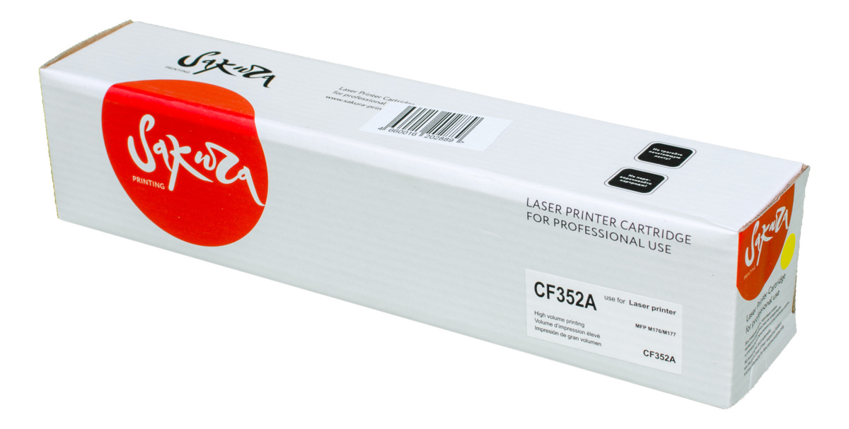 Sakura CF352A, Yellow тонер-картридж для HP LaserJet Pro M176/M177SACF352A Sakura CF352A, Yellow тонер-картридж для HP LaserJet Pro M176/M177SACF352AТонер-картридж Sakura CF352A для лазерных принтеров HP LaserJet Pro M176/M177 является альтернативным решением для замены оригинальных картриджей. Он печатает с тем же качеством и имеет тот же ресурс, что и оригинальный картридж. В картриджах компании Sakura используется химический синтезированный тонер, который в отличие от дешевого тонера из перемолотого полимера, не царапает, а смазывает печатающий вал, что приводит к возможности многократных перезаправок картриджей. Такой подход гарантирует долгий срок службы принтера, превосходное качество и стабильность печати. Тонер-картриджи Sakura производятся при строгом соответствии стандартам ISO 9001 и ISO 14001, что подтверждено международными сертификатами.