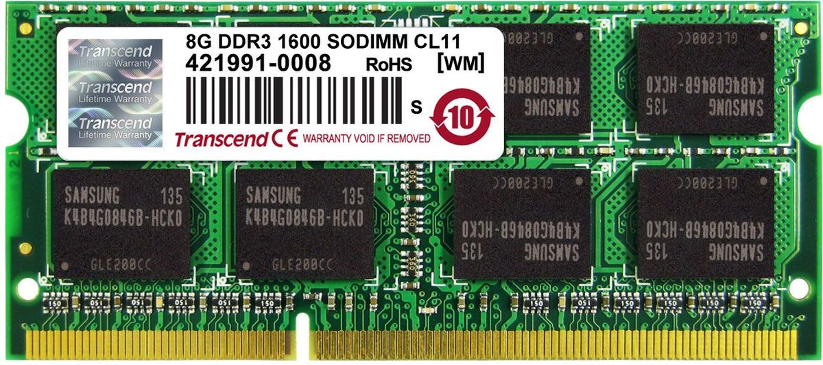 Transcend DDR3 SODIMM 8GB 1600МГц модуль оперативной памятиTS1GSK64V6H Transcend DDR3 SODIMM 8GB 1600МГц модуль оперативной памятиTS1GSK64V6HМиниатюрные размеры модуля памяти Transcend DDR3 SODIMM 8GB делают его подходящим для использования в ноутбуках. Частота 1600 МГц обеспечивает его высокую производительность (этот параметр легко можно отследить с помощью стандартного теста, проведенного любой операционной системой). Установка проста, не занимает много времени и не требует от вас наличия специальных знаний и умений. Модуль изготовлен из высококачественного текстолита, благодаря чему обладает очень высокой прочностью и долговечностью. Количество ранков: 2