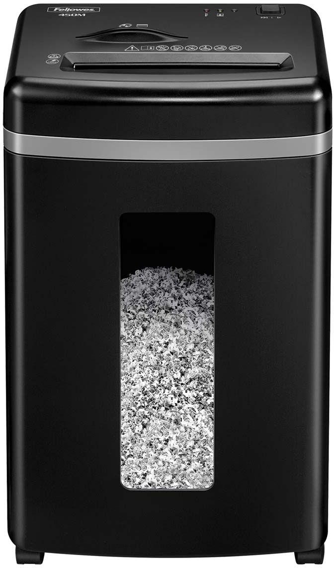 Fellowes MicroShred 450M, Black шредерFS-40741 Fellowes MicroShred 450M, Black шредерFS-40741Шредер предназначен для уничтожения конфиденциальных документов. Размер фрагмента соответствует уровню секретности P-5 по DIN 66399. Лист A4 разрезается на 2500+ фрагментов размером 2x12 мм, а это означает, что восстановление данных уже практически невозможно! Уничтожение дисков и кредитных карт происходит в отдельном слоте и режущем механизме в соответствии с уровнем секретности O-1 и T-2. Использование технологии SilentShred позволило значительно снизить уровень шума – шредер работает тихо и комфортно для окружающих. Функция реверса поможет избегать образования бумажных заторов.