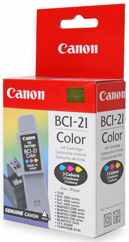 Canon BCI-21, Cyan, Magenta, Yellow картридж для BJC-40/41/42/43/4550/4650/5100/20000955A002 Canon BCI-21, Cyan, Magenta, Yellow картридж для BJC-40/41/42/43/4550/4650/5100/20000955A002Картридж Canon BCI-21 обеспечивает превосходное качество печати. Сочетает в себе высокое качество, компактность и простоту установки. Обеспечивает до 120 страниц печати.