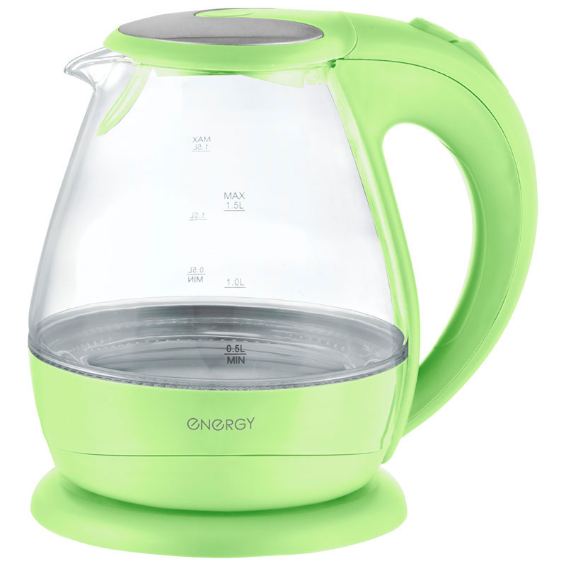 Energy E-266, Green электрический чайник54 153243 Energy E-266, Green электрический чайник54 153243Электрический чайник Energy E-266 прост в управлении и долговечен в использовании. Корпус изготовлен из термостойкого стекла. Мощность 2200 Вт быстро вскипятит 1,5 литра воды. Беспроводное соединение позволяет вращать чайник на подставке на 360°. Для обеспечения безопасности при повседневном использовании предусмотрены функция автовыключения, а также защита от включения при отсутствии воды.