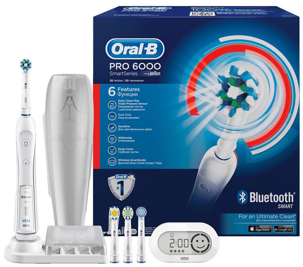 Электрическая зубная щетка Oral-B PRO 6000 Smart Series с Bluetooth-подключениемCRS-80270154 Электрическая зубная щетка Oral-B PRO 6000 Smart Series с Bluetooth-подключениемCRS-80270154Электрическая зубная щетка Oral-B PRO 6000 Smart Series с Bluetooth удаляет до двух раз больше зубного налета, чем мануальная зубная щетка. Зубная щётка Oral-B SmartSeries 6000 оснащена Bluetooth-интерфейсом 4.0 для синхронизации с бесплатным приложением Oral-B® App для iOS и Android, благодаря которому этот небольшой гаджет сможет стать домашним мини-стоматологом: научит правильно ухаживать за полостью рта, проверит навыки чистки, укажет на ошибки и даже поощрит за успехи. Комплектация: аккумуляторная электрическая зубная щетка (1 шт.), беспроводное устройство навигации SmartGuide (1 шт.), зарядное устройство (1 шт.), дорожный футляр (1 шт.), контейнер для хранения насадок. 4 насадки в комплекте: - насадка Cross Action: щетинки, расположенные под углом 16?, окружают каждый зуб, бережно удаляя до 100% больше налета даже из труднодоступных мест; - насадка Sensitive с более мягкими щетинками для бережной чистки чувствительных участков полости...