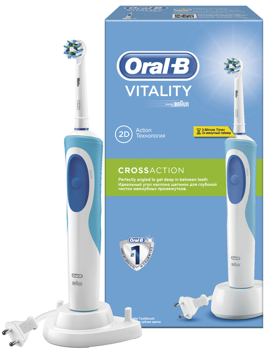 Электрическая зубная щетка Oral-B Vitality CrossAction (коробка)4210201043508 Электрическая зубная щетка Oral-B Vitality CrossAction (коробка)4210201043508Клинически доказано, что электрическая зубная щетка Oral-B Vitality превосходно чистит зубы по сравнению с мануальной зубной щеткой. Основная задача данной зубной щетки - бережное и эффективное удаление зубного налета даже из труднодоступных мест и вдоль линии десны. Разработанная со стоматологами насадка CrossAction с щетинками, расположенными под углом 16 градусов, обеспечивает превосходное очищение полости рта. Технология 2D-чистки совершает 7600 возвратно-вращательных движений в минуту. Комплектация: Электрическая зубная щетка (1 шт.), насадка для щетки CrossAction (1 шт.), зарядное устройство (1 шт.). Подходит для детей с 3 лет. Перейдите на новый уровень чистки за 2 минуты! * Oral-B – марка зубных щеток №1, используемая большинством стоматологов мира!* (* на основании международных опросов P&G среди репрезентативной выборки стоматологов, проводимых регулярно, в т.ч. 2013-2015 гг.) * Удобный встроенный таймер помогает...