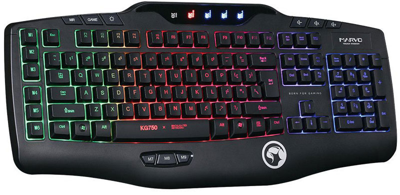 Marvo KG750 игровая клавиатураKG750 Marvo KG750 игровая клавиатураKG750Проводная Игровая Клавиатура с радужной подсветкой ,9 доп. клавиш для записи макросов и 6 мультимедийных клавиш. Необходимое усилие: 50±7г; Ход клавиш: 3.6±0.3мм.Срок службы: 10 миллионов нажатий