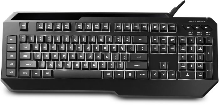 Cooler Master Supressor игровая клавиатураSGK-3002-KKMF1-RU Cooler Master Supressor игровая клавиатураSGK-3002-KKMF1-RUSupressor (SGK-3002-KKMF1-RU) геймерская мембранная клавиатура с белой LED подсветкой всех кнопок, 5 профилей и 75 макросов (по 15 в каждом профиле), N-Key Rollover - 64 кнопки, частота опроса 1000 Гц, время отклика 1 мс, блокировка кнопки Windows в режиме игры, встроенная память 128 кБ, мультимедийные кнопки для мгновенного начала воспроизведения музыки, съемная эргономичная подставка под кисти рук, съемный USB-кабель, габаритные размеры 486(Д)x189(Ш)x34(В) мм