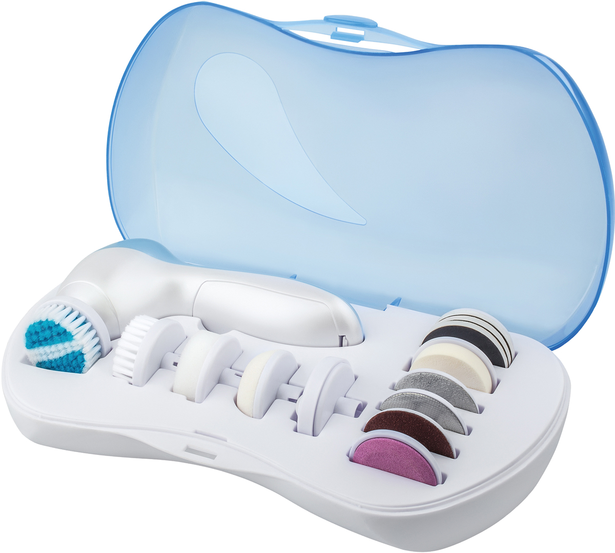 Scarlett SC-CA305M03, Blue косметологический приборSC-CA305M03 Scarlett SC-CA305M03, Blue косметологический приборSC-CA305M03Scarlett SC-CA305M03 - косметологический прибор по уходу за кожей и ногтями.Данная модель имеет 2 скорости работы и множество насадок для ухода за различными зонами.Насадки для ухода за кожей лица:Щеточка: очищение и скрабированиеЛатексный спонж: уход за кожей вокруг глаз, предотвращение появления кругов под глазамиРоликовый массажер: стимуляция циркуляции крови в процессе массажа лицаСпонж: очищение с использованием средств для умыванияНасадки для ухода за руками и ногами:Щеточка: очищение и скрабированиеПемза: очищение и смягчение огрубевшей кожи ног2 абразивные насадки: удаление огрубевшей кожиТакже в комплект входят полироль, пилка для ногтей и насадка с подушечками (3 сменные) для предотвращения появления вросших волос.Питание от 2-х батареек АА 1,5 V (не включены в комплект).