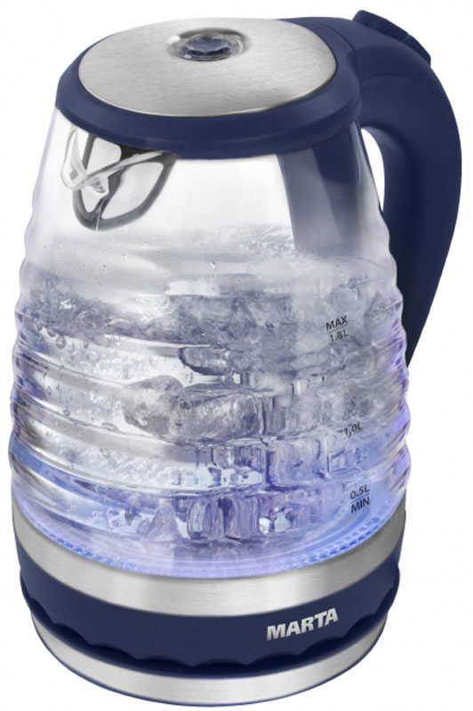 Marta MT-1085, Blue электрический чайникMT-1085 Marta MT-1085, Blue электрический чайникMT-1085Очень легкий и прочный стеклянный чайник Marta MT-1085 с голубой внутренней подсветкой в элегантном прозрачном корпусе из закаленного стекла. Чайник имеет повышенную мощность для скорейшего закипания и съемный фильтр в носике для дополнительной фильтрации. Прозрачный корпус из закаленного стекла сохраняет природный вкус и натуральные свойства воды, не имеет запаха и препятствует образованию накипи. Стеклянный чайник очень легок и при этом обладает высочайшей прочностью. С помощью подсветки легко контролируется работа чайника. Внутренняя подсветка обеспечивает игру световых бликов на кухне и дарит отличное настроение. Плоское дно внутри чайника очень функционально - легко моется, противостоит накипи, не ржавеет, не корродирует, а значит, обеспечивает максимально долгий срок службы чайника. Возможность вращения чайника на 360°. Крайне важная и быстро ставшая привычной функция, обеспечивающая исключительное удобство и...