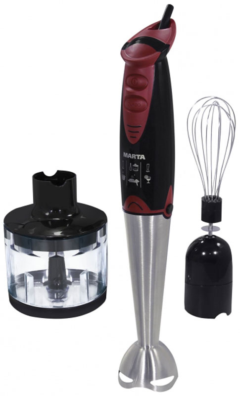 Marta MT-1555, Pomegranate блендерMT-1555 Marta MT-1555, Pomegranate блендерMT-1555Мощный кухонный процессор Marta MT-1555 с металлическим съемным блендером. 2 скоростных режима для жидких и вязких продуктов. Удобен и прост в использовании, занимает при хранении минимум места. Кухонный процессор создан для легкого приготовления разнообразной выпечки, десертов, взбитых сливок, кремов и мороженого. Благодаря высокой мощности блендер отлично взбивает и измельчает все необходимые продукты. Лезвия из нержавеющей стали не боятся нагрузок и не ржавеют. 2 скоростных режима позволяют выбрать правильный режим для соответствующих продуктов. Съемная металлическая насадка-блендер легко моется, не занимает места при хранении, устойчива к механическим воздействиям.