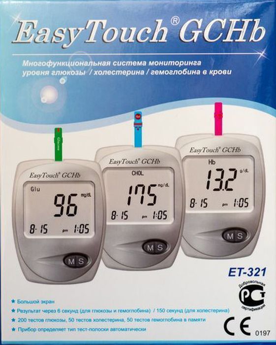 Анализатор глюкозы, холестерина и гемоглобина EasyTouch GCHb791 Анализатор глюкозы, холестерина и гемоглобина EasyTouch GCHb791Описание: Многофункциональная система мониторинга ИзиТач / Easy Touch GCHb Для самостоятельного контроля содержания глюкозы/холестерина/гемоглобина в крови. Многофункциональная система мониторинга предназначена только для диагностики in vitro (только для наружного применения). Система предназначена для работников здравоохранения и людей, страдающих диабетом, гиперхолестеринемией или анемией, для количественного измерения содержания глюкозы, холестерина и гемоглобина в свежей капиллярной цельной крови из кончика пальца. Частый контроль содержания в крови глюкозы, холестерина, гемоглобина - дополнительная забота о людях, страдающих диабетом, гиперхолестеринемией и анемией. Просто нанесите каплю крови на тест-полоску, и результат содержания глюкозы будет отображен на экране спустя 6 секунд, холестерина спустя 150 секунд и гемоглобина спустя 6 секунд. Многофункциональная система EasyTouch GCHb подходит для самоконтроля при диабете, гиперхолестеринемии или анемии в...