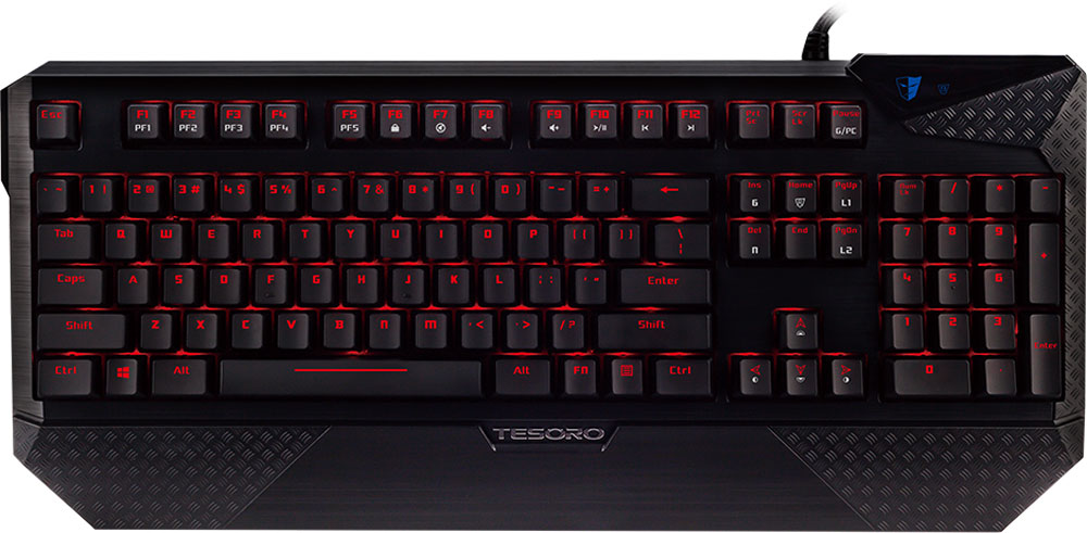 Tesoro Durandal V2 (Cherry MX Blue) игровая клавиатураTS-G1NL bk/bl Tesoro Durandal V2 (Cherry MX Blue) игровая клавиатураTS-G1NL bk/blTesoro Durandal v2 - механическая клавиатура, переносящая ощущения от игры на новый уровень. Девайс оснащен механическими переключателями Cherry MX, способными выдержать более 50 миллионов срабатываний. Durandal v2 не только позволит вам наслаждаться любимыми играми, но и придаст новый вид вашему логову геймера благодаря темно-красной подсветке. В данной клавиатуре установлены переключатели Cherry MX Blue - выбор казуальных игроков и любителей активного общения. Чрезвычайно ускоряют набор текста. Имеют громкий щелчок и четкую отдачу.