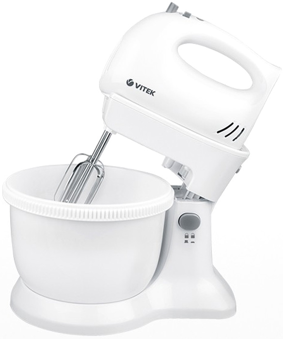 Vitek VT-1409 W миксерVT-1409(W) Vitek VT-1409 W миксерVT-1409(W)Вкуснейшие кремы для десертов, нежнейшие пюре или омлеты, идеальное тесто без комочков - все это вы легко приготовите с миксером VT-1409 W с вращающейся чашей. Такая модель позволит еще более тщательно обработать ингредиенты благодаря тому, что чаша на подставке вращается одновременно с венчиками. А еще наличие чаши позволяет освободить вас от участия в процессе, если, например, по рецепту вам необходимо поэтапно добавлять ингредиенты. Благодаря довольно большому объему чаши 3,3 л вы сможете подготовить необходимые ингредиенты сразу на всю семью или на компанию гостей. Наличие пяти скоростей позволят разнообразить спектр блюд, а Турбо режим поможет в считанные секунды добиться нежнейшей консистенции без комочков. Два венчика для взбивания и две насадки для замеса теста позволят легко смешать или взбить ингредиенты. Важно, что в данной модели предусмотрена возможность работать и без подставки.