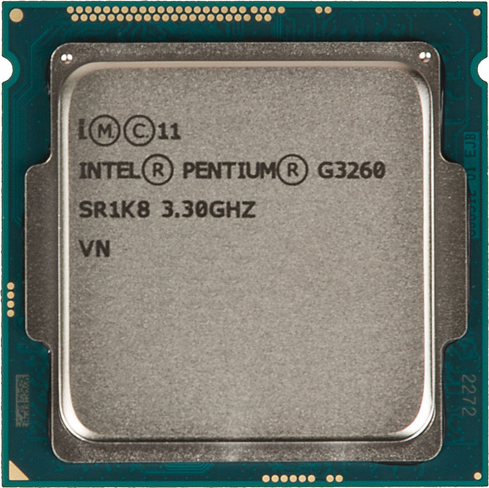 Intel Pentium G3260 процессор293041 Intel Pentium G3260 процессор293041Pentium G3260 - процессор для настольных персональных компьютеров, основанных на платформе Intel. В основе лежит архитектура Haswell, что позволяет оптимизировать работу двух ядер, функционирующих на частоте 3300 МГц. Дополнительное быстродействие обеспечивается кэш-памятью третьего уровня объемом 3072 КБ. Обработка изображения перед демонстрацией его на мониторе ПК осуществляется графическим процессором Intel HD Graphics. Для двусторонней передачи данных между Pentium G3260 и оперативной памятью компьютера предусмотрен встроенный контроллер, поддерживающий модули размером до 32 ГБ. Также в данной модели установлены контроллер PCI-E 3.0 и системная шина DMI 2.0, которые используются для связи с другими элементами ПК.