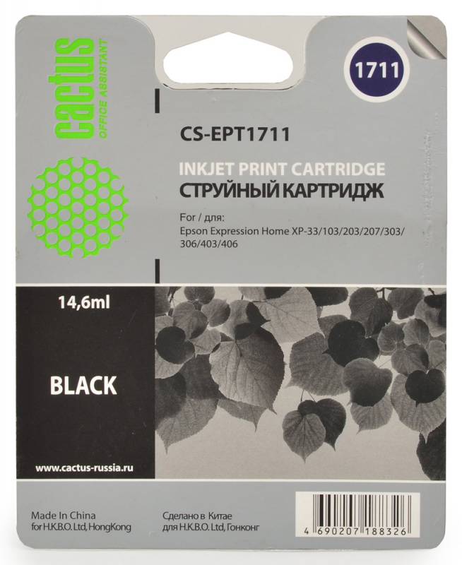 Cactus CS-EPT1711, Black струйный картридж для Epson Expression Home XP-33/103/203/207/303/306/403/406CS-EPT1711 Cactus CS-EPT1711, Black струйный картридж для Epson Expression Home XP-33/103/203/207/303/306/403/406CS-EPT1711Картридж Cactus CS-EPT1711 для струйных принтеров Epson. Расходные материалы Cactus для монохромной печати максимизируют характеристики принтера. Обеспечивают повышенную чёткость чёрного текста и плавность переходов оттенков серого цвета и полутонов, позволяют отображать мельчайшие детали изображения. Обеспечивают надежное качество печати.