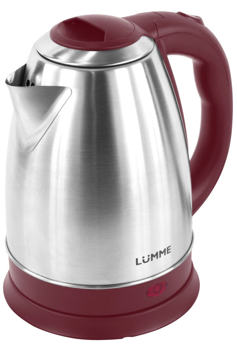 Lumme LU-130, Pomegranate электрический чайникLU-130 Lumme LU-130, Pomegranate электрический чайникLU-130Вместительный металлический чайник Lumme LU-130 объемом 2.0 литра из высококачественной нержавеющей стали. Пищевая нержавеющая сталь способствует сохранению природного вкуса и натуральных свойств воды. Для быстрого закипания чайник оснащен нагревательным элементом мощностью 1,8 к Ватт, защищенного плоским стальным дном для равномерности нагрева, противостояния накипи, коррозии и для большего удобства в уходе. Система автоматического отключения при закипании или недостаточном количестве воды заметно продлит срок работы чайника. Чайник оснащен базой питания, позволяющей брать его с любой стороны или вращать на 360 градусов, что делает прибор совершенно безопасным, а его эксплуатацию комфортной.