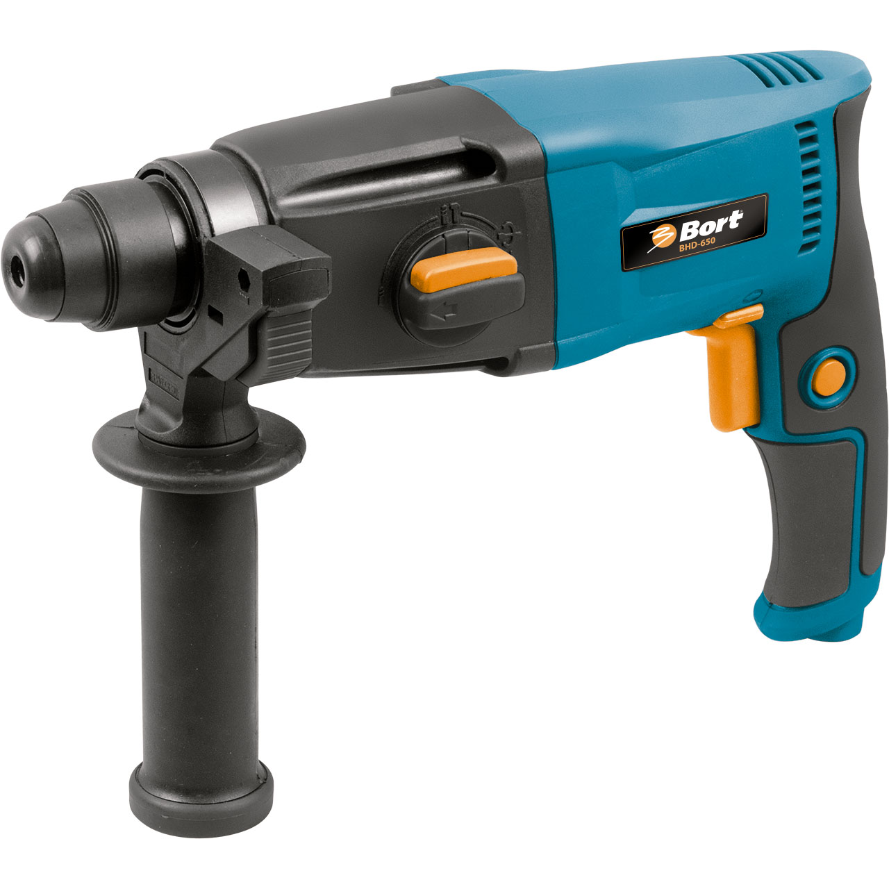 Перфоратор электрический Bort BHD-65098296570 Перфоратор электрический Bort BHD-65098296570Перфоратор BORT BHD-650 - компактный инструмент для легких работ по камню, бетону. Вес этого перфоратора составляет всего 2,4кг. Это гораздо ниже, чем у многих его одноклассников. Благодаря малому весу этим перфоратором можно легко работать продолжительное время в сложных местах, например, потолочные и подобные работы. Высокая надежность перфоратора BORT BHD-650 обеспечивается мотором, обмотки которого пропитаны специальным компаундом. Инструмент поставляется в прочном кейсе, кроме того в комплекте идут 3 бура и сверлильный патрон с адаптером. Для дополнительного удобства предусмотрена фиксация долота в произвольном положении. Наличие 3-х режимов работ и реверса - редкость для таких легких перфораторов, которым является BHD-650. Предусмотрены сверление, сверление с ударом и легкие долбежные работы. Это настоящий лидер в классе легких перфораторов.