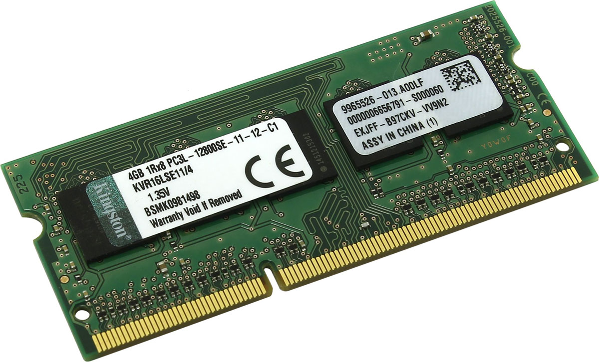 Kingston ValueRAM SO-DIMM DDR3L 4GB 1600 МГц модуль оперативной памяти (KVR16LSE11/4)296453 Kingston ValueRAM SO-DIMM DDR3L 4GB 1600 МГц модуль оперативной памяти (KVR16LSE11/4)296453Компактный модуль памяти Kingston ValueRAM имеет небольшой вес и подойдет для модернизации ноутбуков, не увеличивая их общую массу, а также станет удачным выбором для моноблоков и новых моделей ПК.Работаете ли вы в Интернете, смотрите ли потоковое видео в потрясающем HD-качестве или играете в самые требовательные видеоигры - память Kingston ValueRAM настроена на обеспечение максимальной производительности процессора, что является залогом быстрой и невероятно плавной работы ПК.